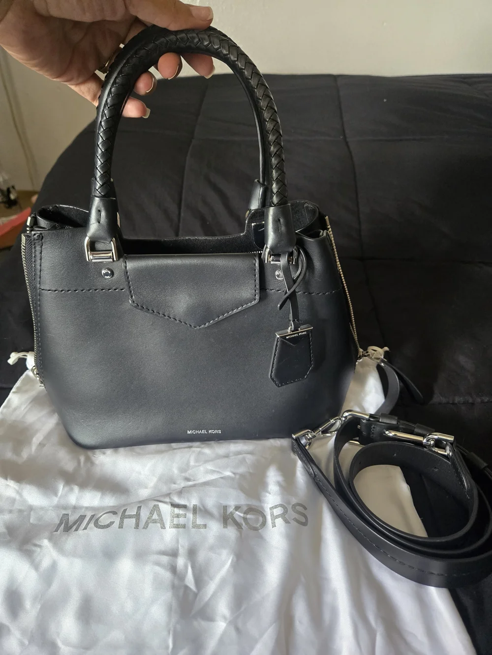 Michael Kors Black Leather Braided-Handle Satchel with Detachable Strap